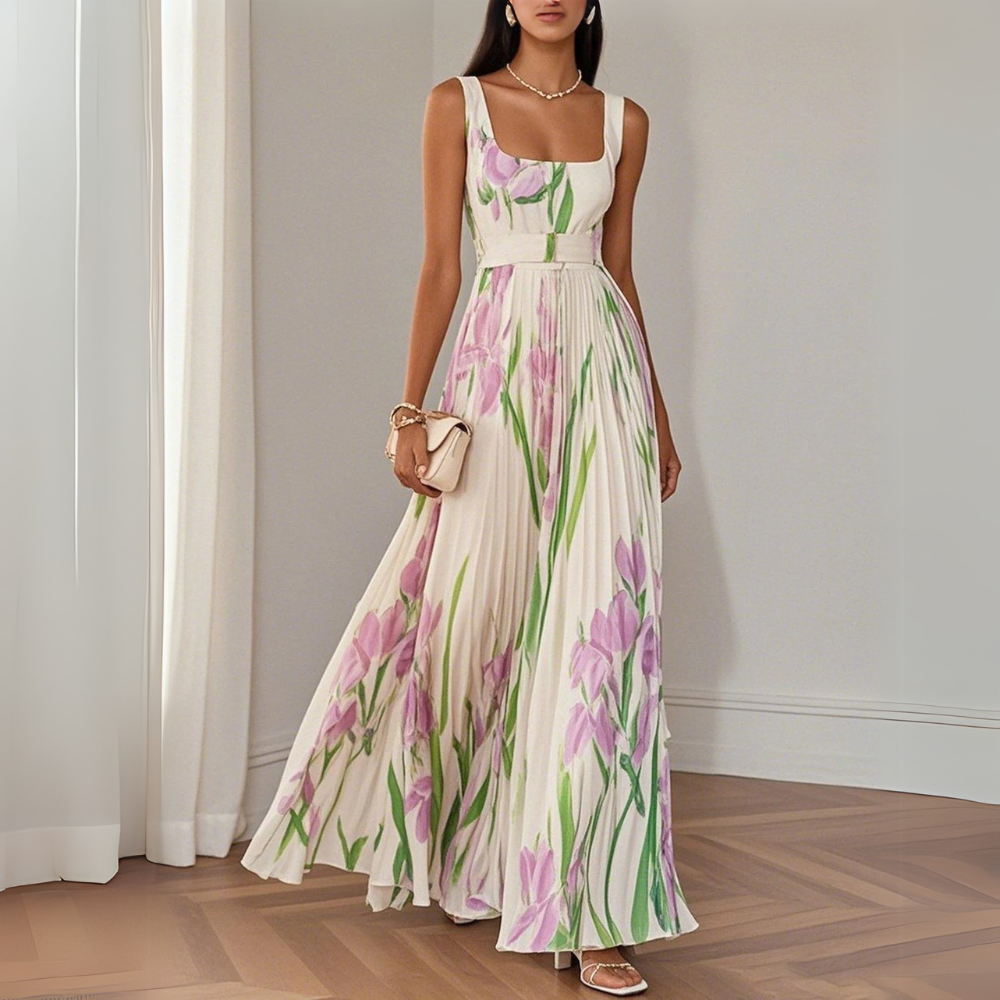 Nina | Stilvolles langes plissiertes Floreal-Kleid